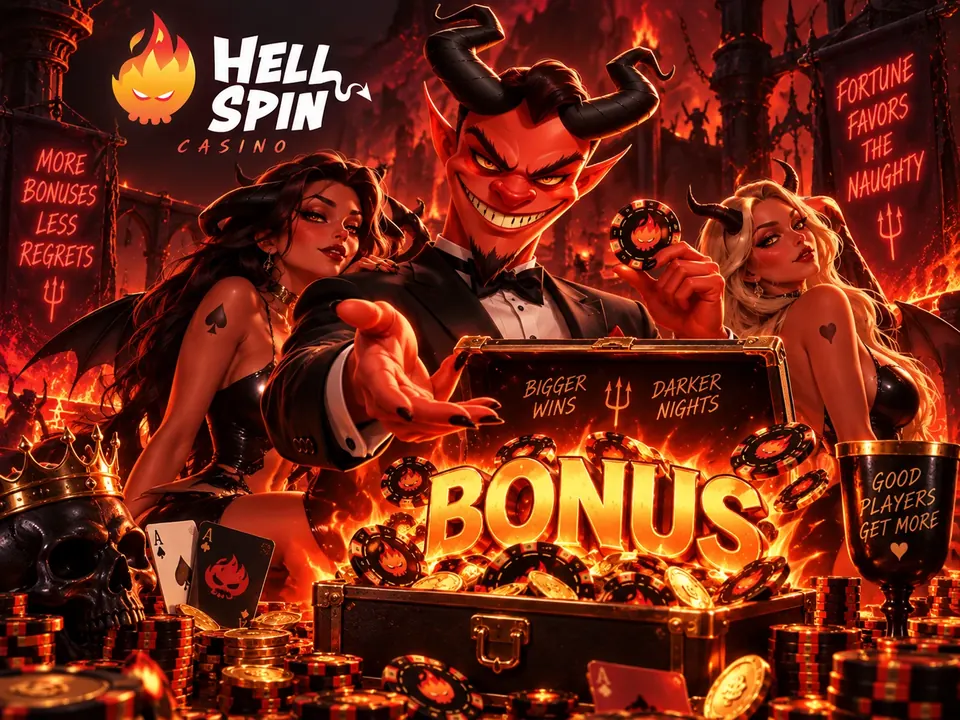 Hellspin bonus chest with golden coins in a fiery casino